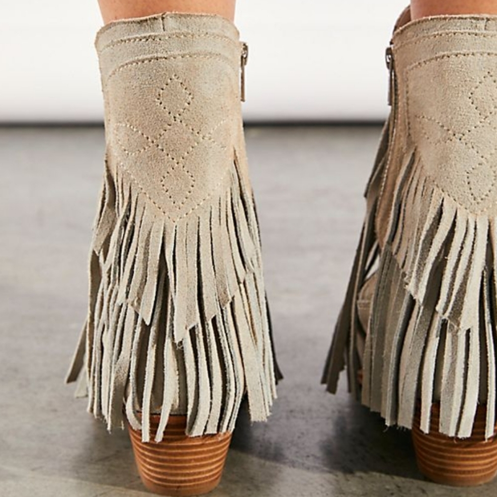New! Fringe Tassel Faux Suede Pointy Toe Block Heel Western Booties Boots - Picture 4 of 5